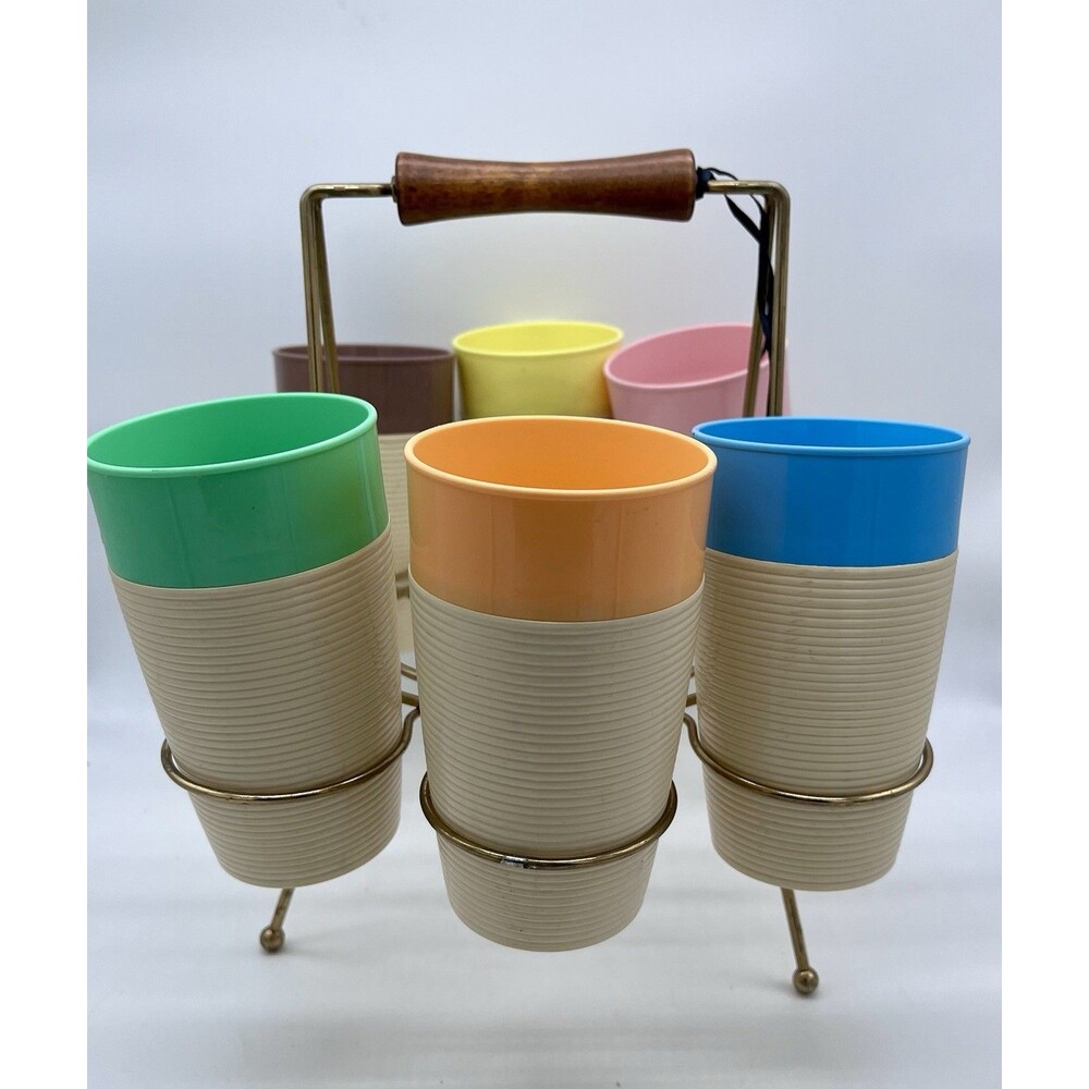 THERMO TEMP RAFFIAWARE COLORFUL DECO MCM 8 TUMBLER CUPS With Carrier